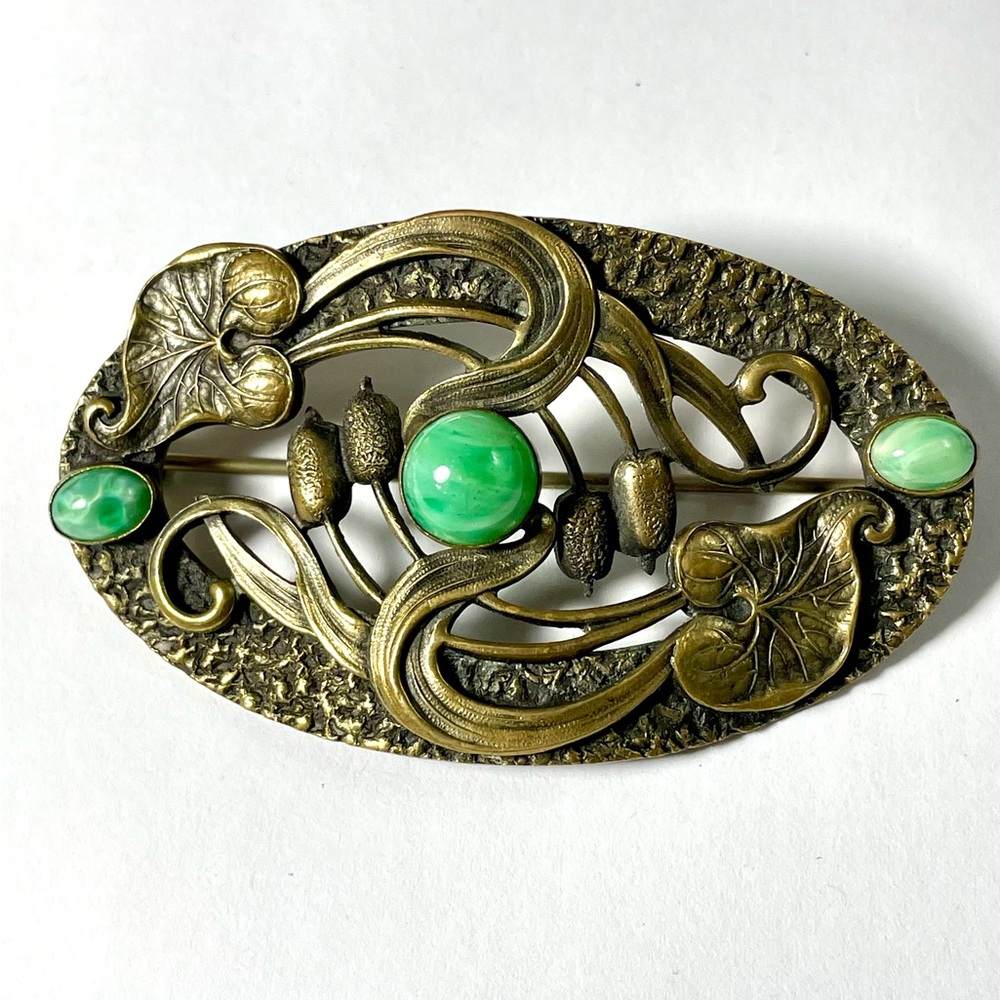 Fantastic Art Nouveau Brooch Brass Green Peking Glass Cabochons Nature Theme Pin
